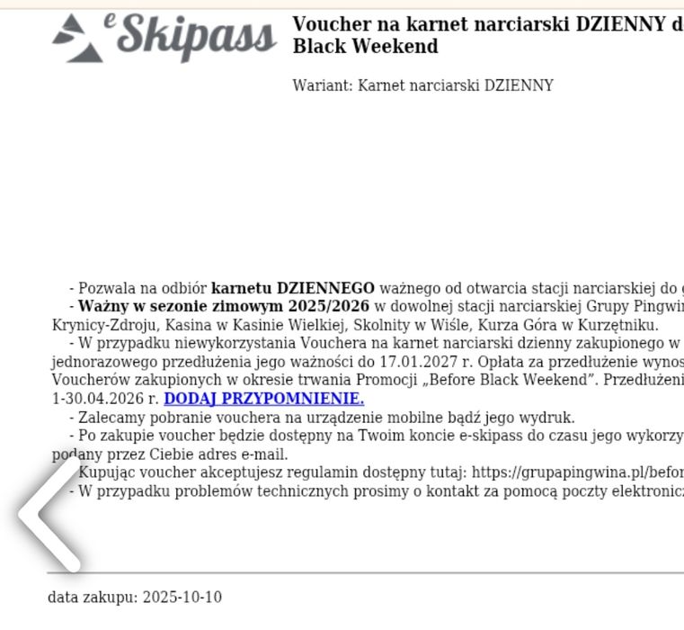 Voucher  na Skipass Slotwiny Arena ,Kasina , Skolnity, Kurza Góra