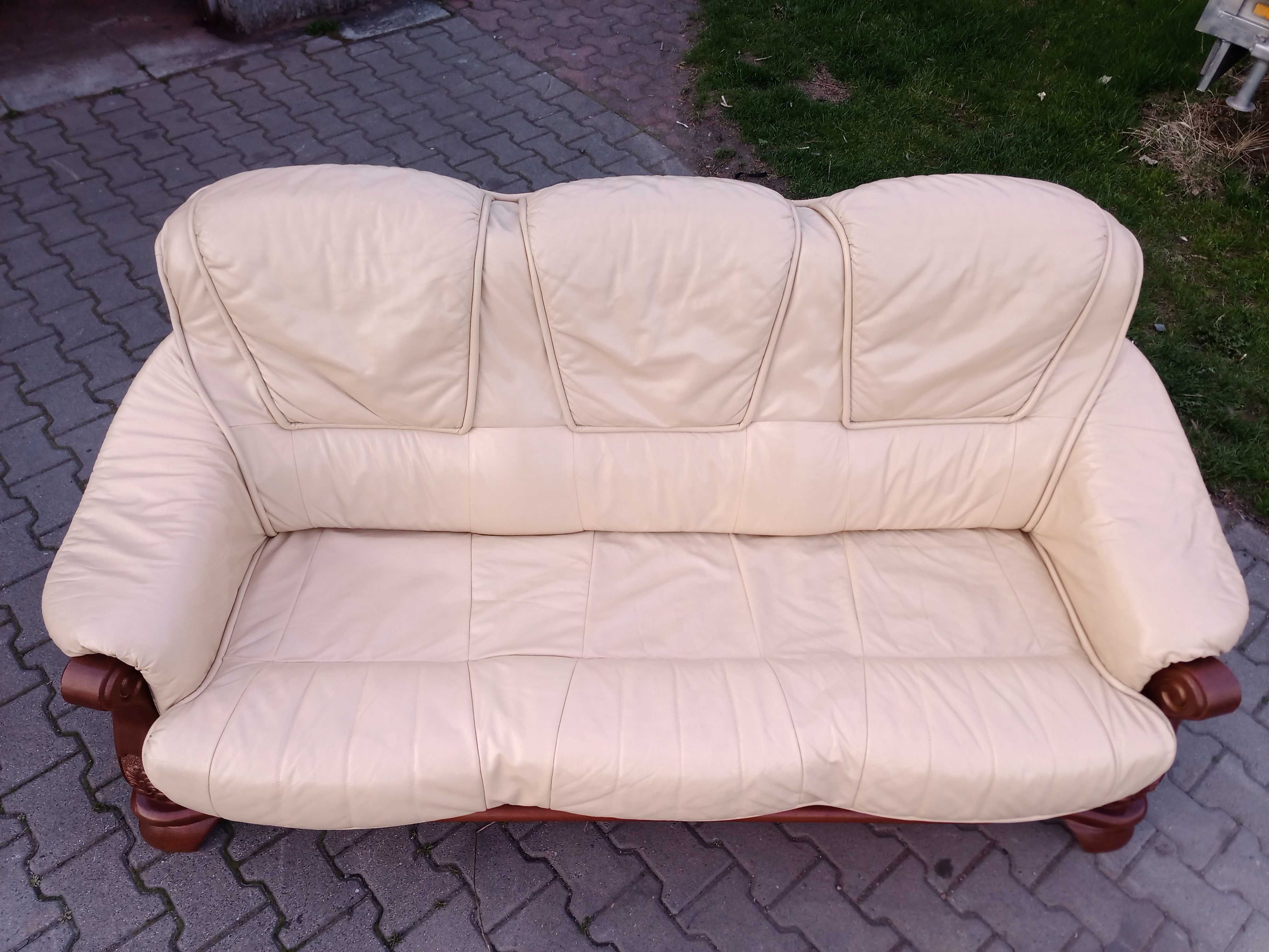 Komplet KLER , Rozkładany 3+1+1 i Ława , dąb - Skóra Krem