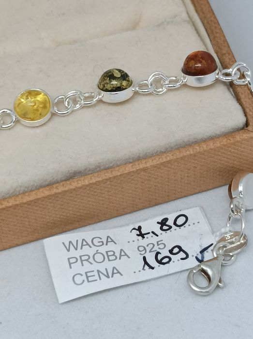 Srebrna bransoletka z bursztynami srebro 925 długość regulowana