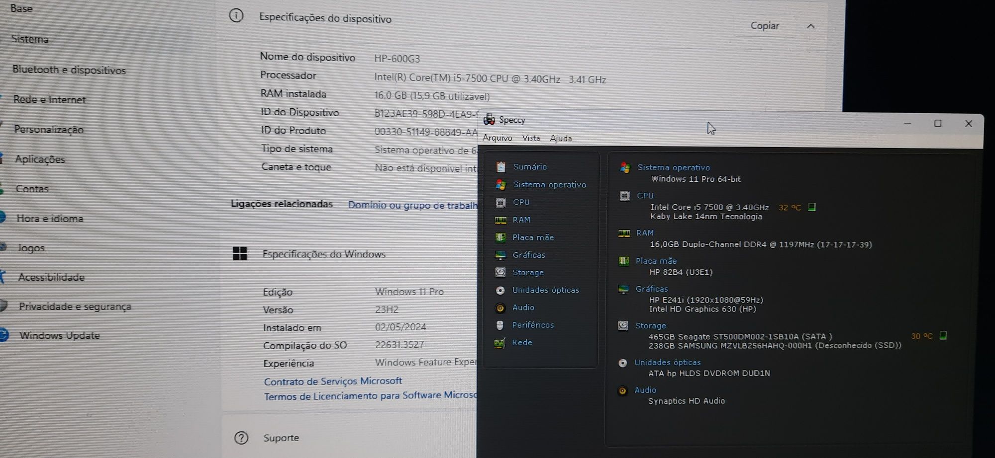 Pç HP 600G3 7ªG|i5.7500-3.4G|16G-Ram|NVMe256G+HD500G|VGA/DP|TPM2.0|W11