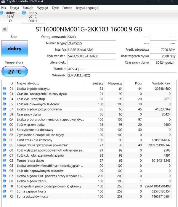 Exos X16 16TB używany SATA, dwie ostatnie sztuki!