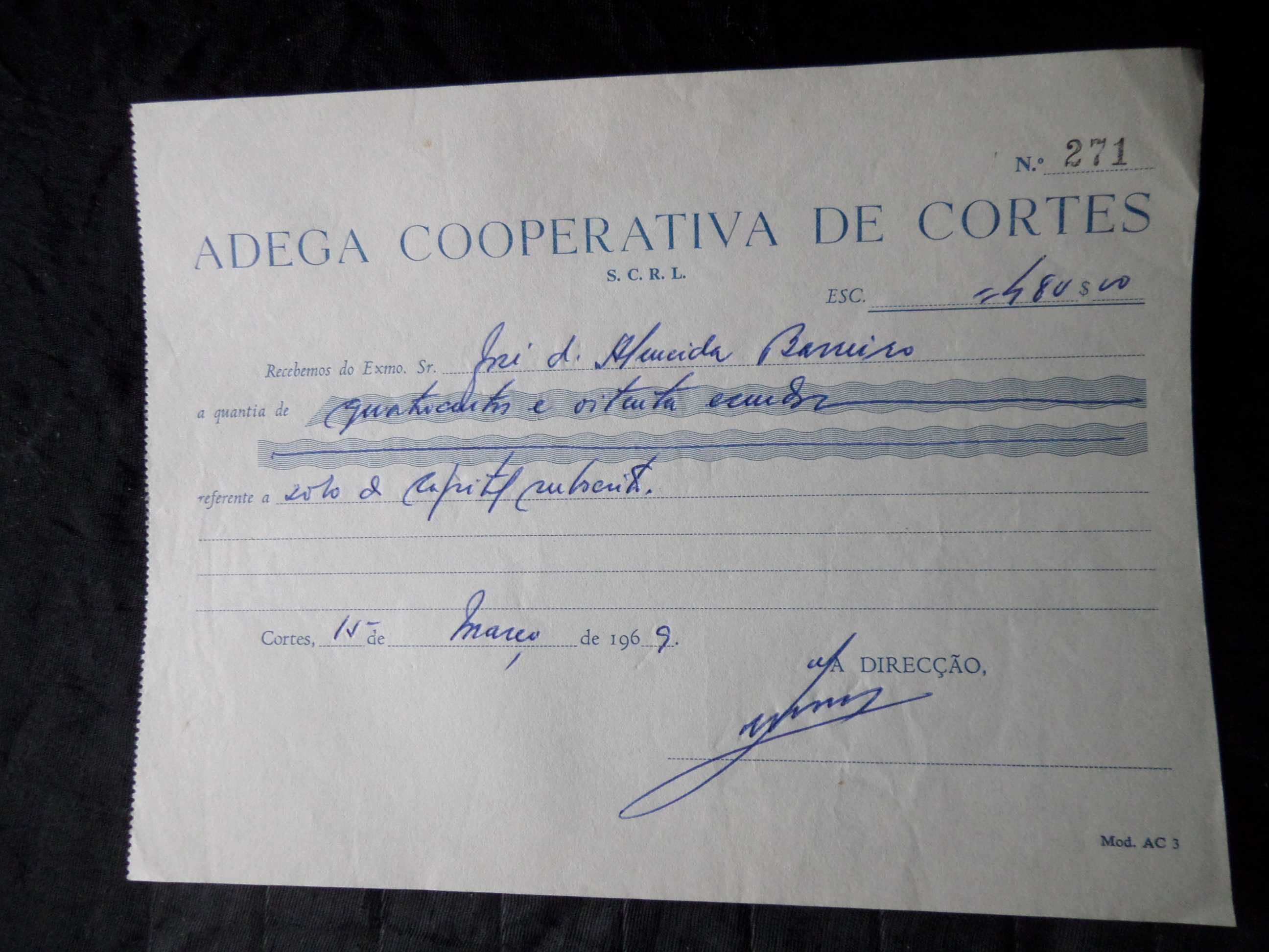 Documento / Recibo manuscrito , ano 1969