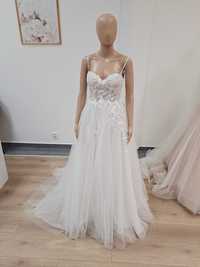 Nowa suknia ślubna z odoinanym rękawem kwiaty 3D gorset na ramiączkach