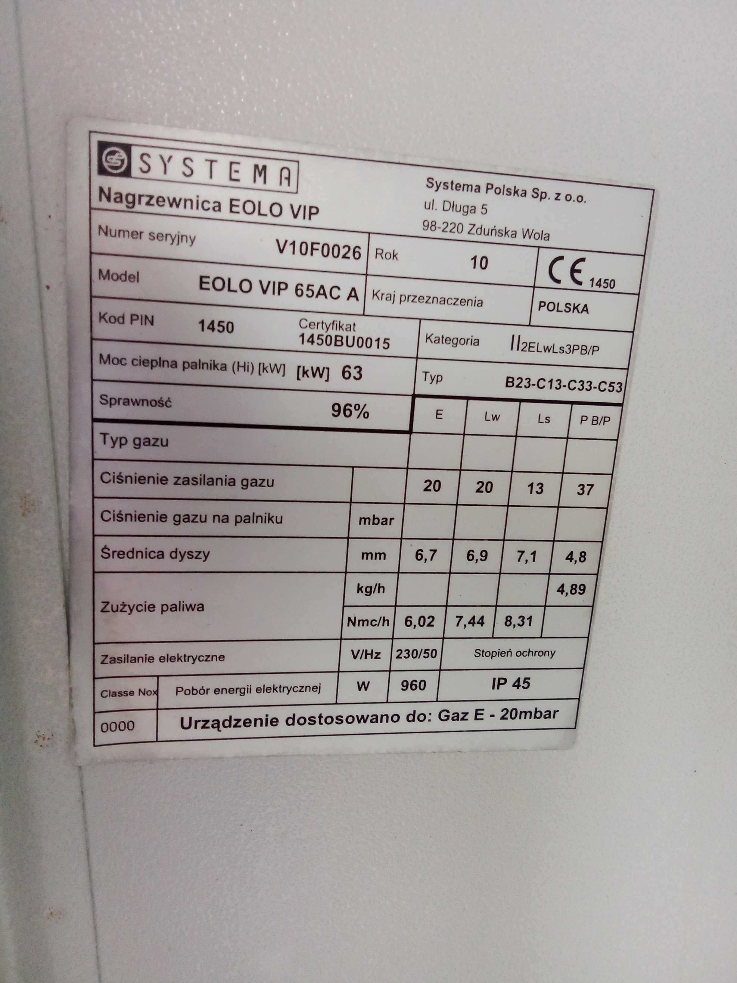 Nagrzewnica gazowa eolo systema  63 kw