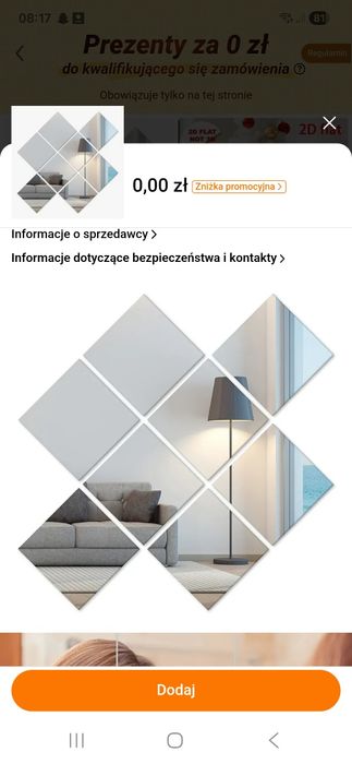 Naklejki lustrzane na ścianę 15x15cm 48szt