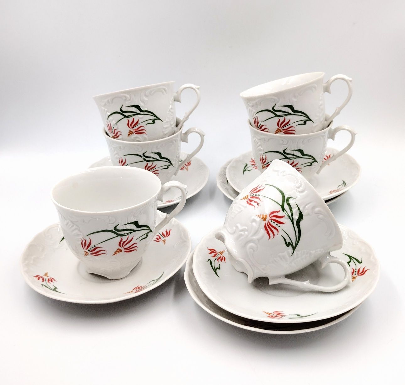 Komplet filiżanki Ćmielów Rococo polska porcelana antyk 60te PRL retro