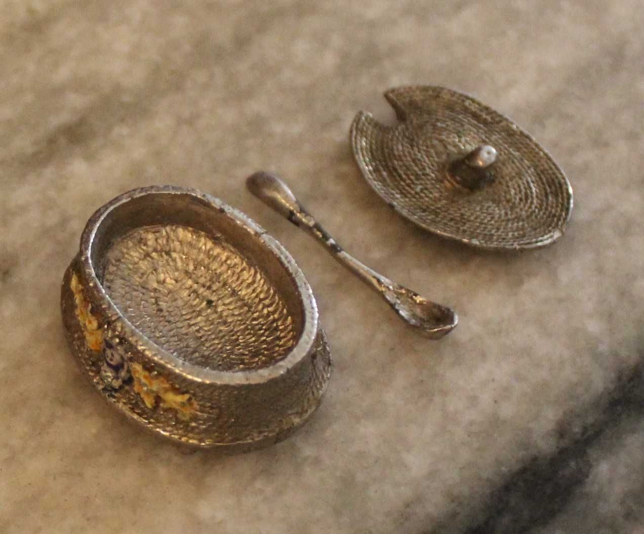 Saleiro, Pote de Mostarda, Pote de Estanho Oval, antigo, vintage