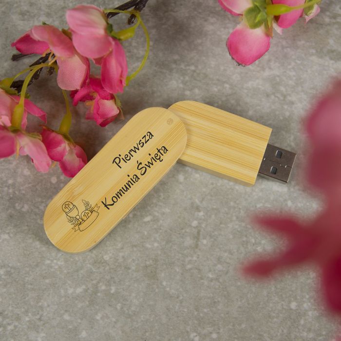 Pendrive drewniany bambusowy z nadrukiem I Komunia święta 16gb 2.0