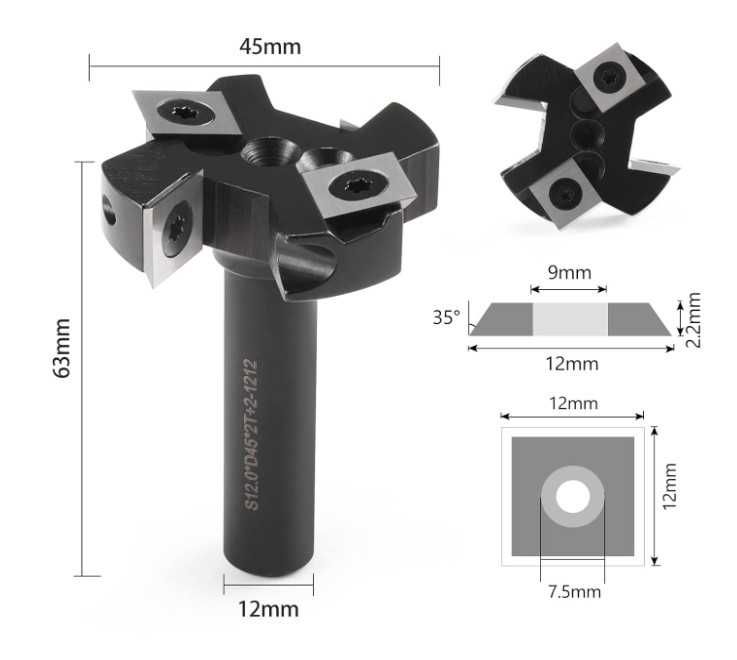 Frez czołowy, uchwyt 12mm, średnica 45mm, 4 wymienne płytki EU_HOZLY