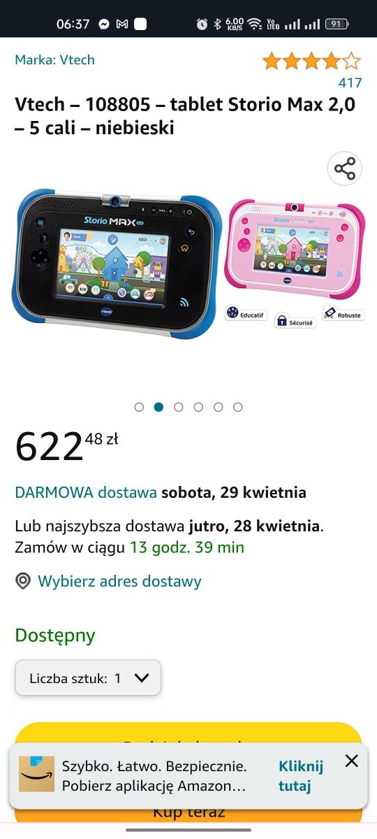 Tablet VTech Storio Max 2.0 to tablet dla dzieci, brak j.polskiegi