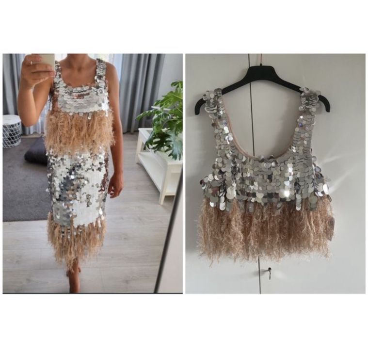 Asos luxe srebrny cekinowy Top bluzka pióra frędzle 46 3 xl