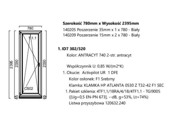 Nowe okno 780x2395mm 2-stronny antracyt rozwierno-uchylne