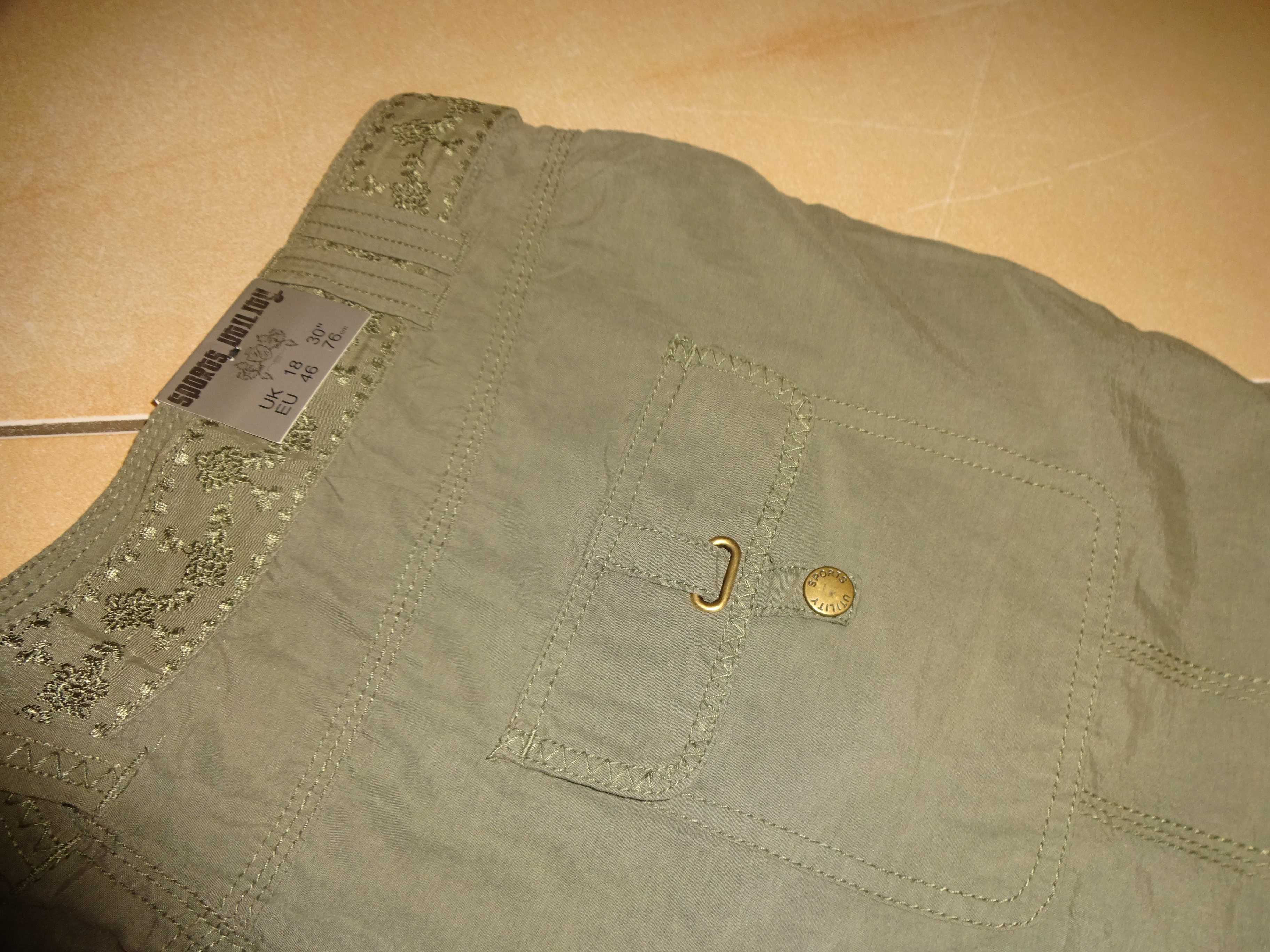 NEW LOOK modne zielone spodnie bojówki khaki z paskiem EU 46