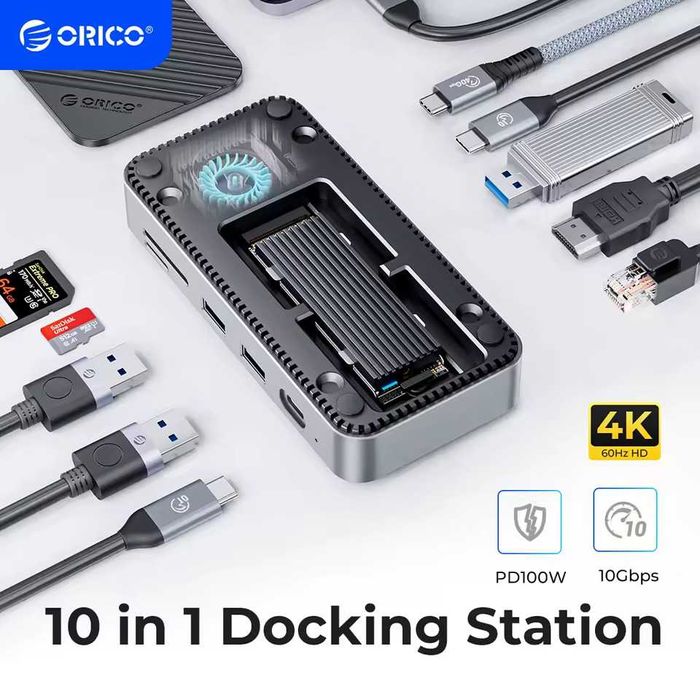 Док-станція Orico 10 в 1 хаб USB, HDMI, SD/TF, карман NVMe/SATA 10Gbps