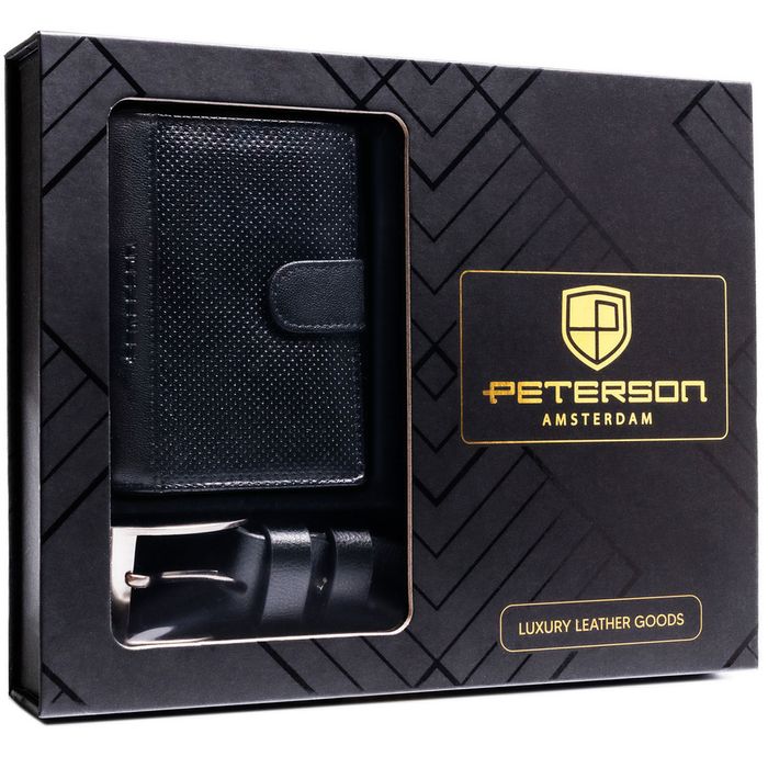 zestaw prezentowy: skórzany, pionowy portfel męski w czarnym kolorze