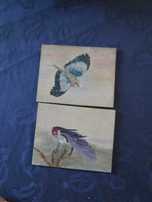 2 pequenos quadro a óleo aves passáros