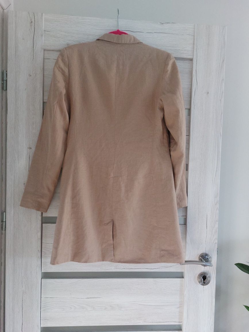Lniany płaszczyk narzutka marynarka NA-KD S/36, beżowy blazer