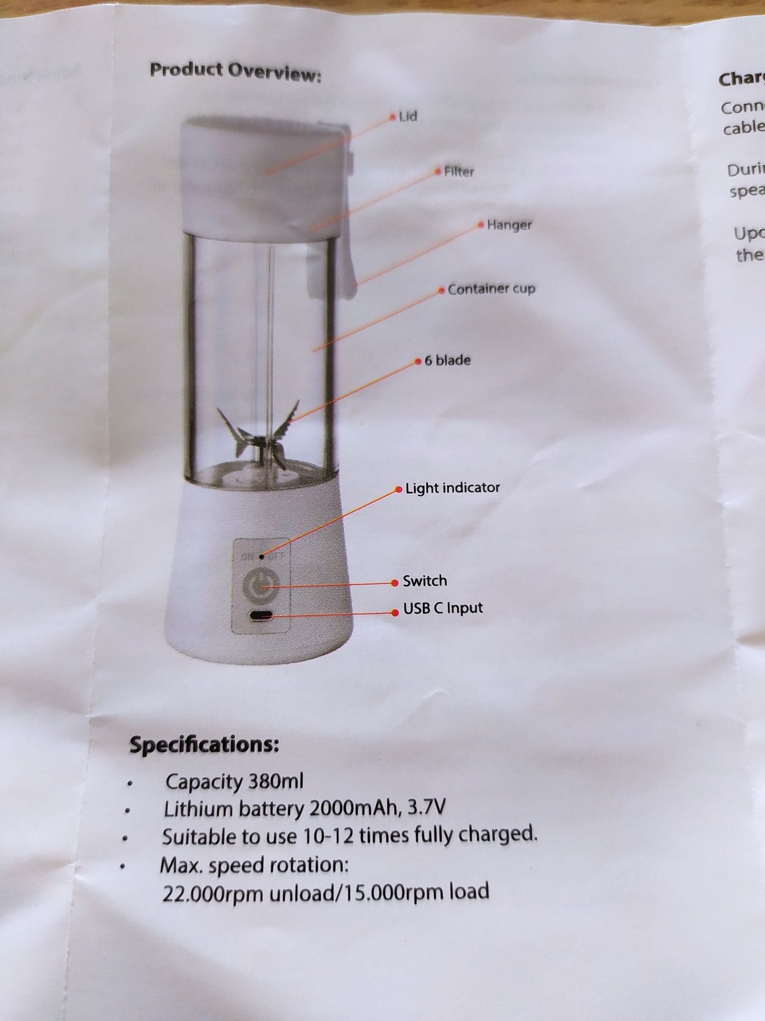Blender bezprzewodowy 380 ml biały 6 ostrzy
