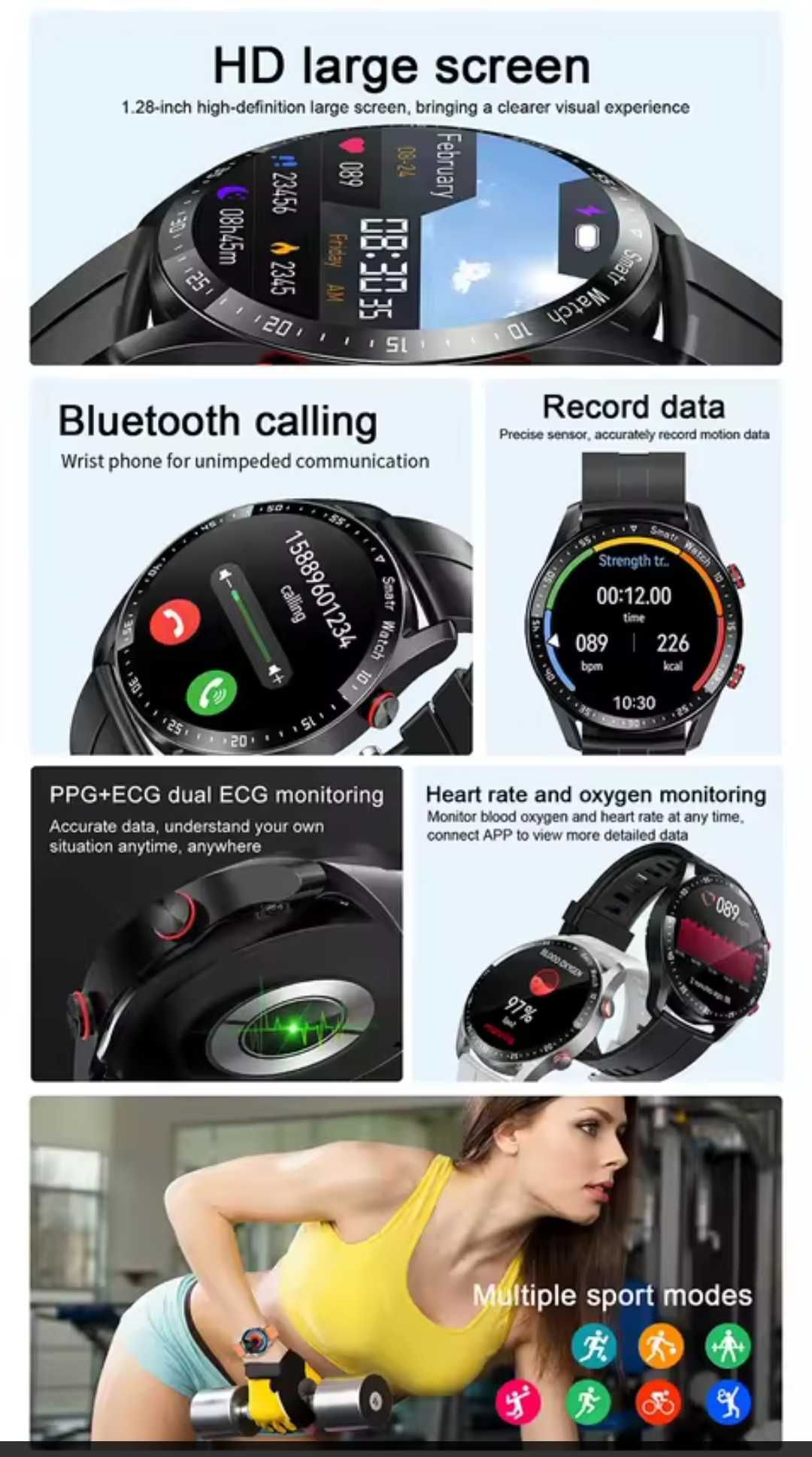 Smart watch 1.28" ekran, 200mAh,IP67,BT4.0, APP, polski,sen,PPG,czarny