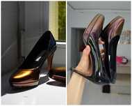 Skorzane szpilki czolenka Vero Cuoio (38,5 - 25cm) kameleon holo