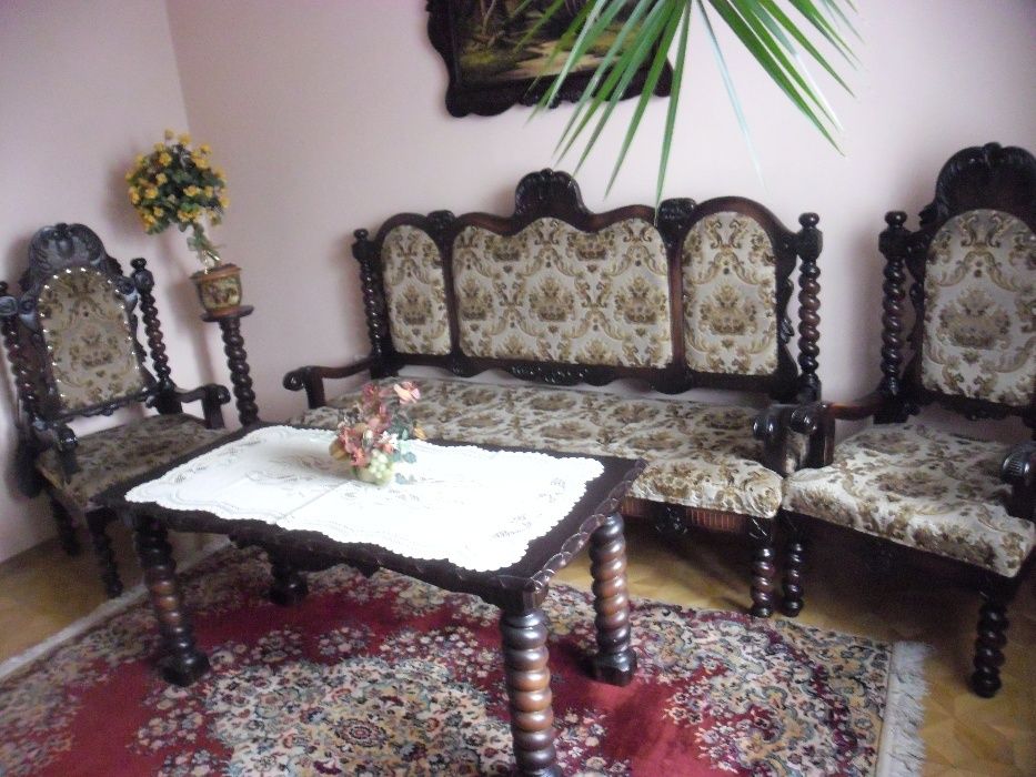 Meble drewniane rzeźbione komplet ława krzesła kanapa stojak unikat