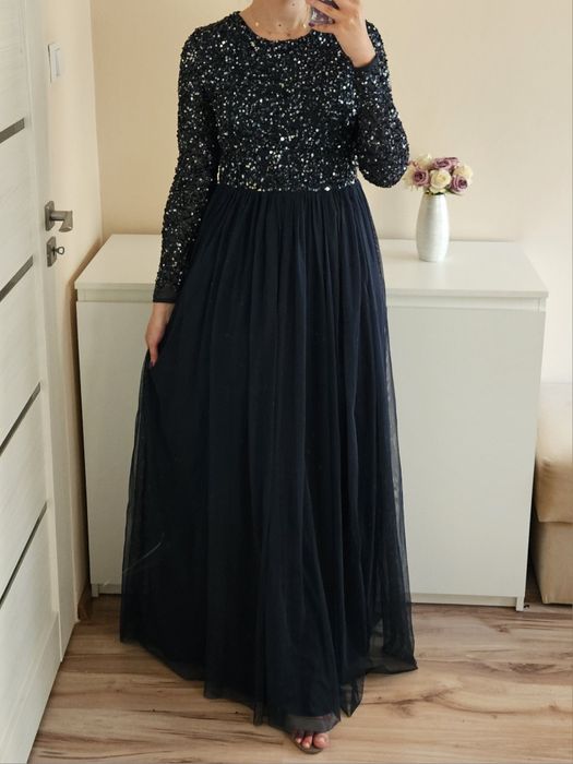 Sukienka maxi granatowa 42 XL maya deluxe tiulowa cekiny wieczorowa