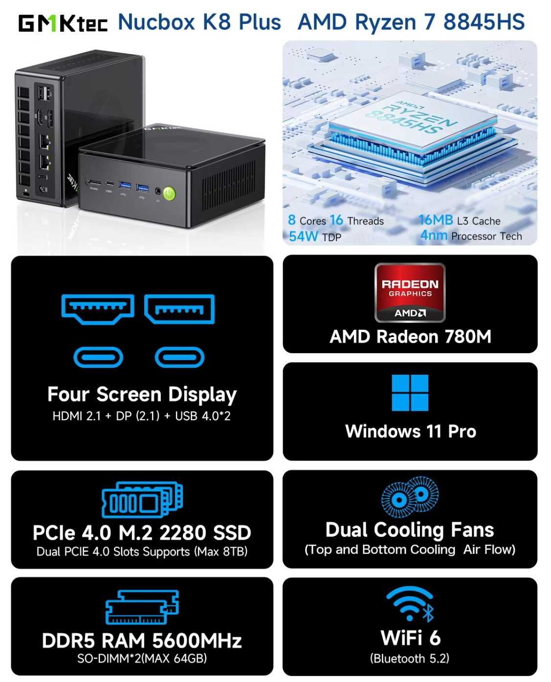 mini PC GMKtec K8 Plus Ryzen 7 8845HS Oculink  WIFI6 BT5.2 мини ПК