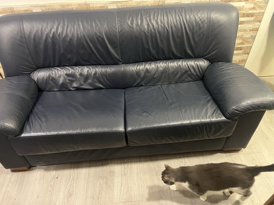 Sofa em pele azul de dois lugares