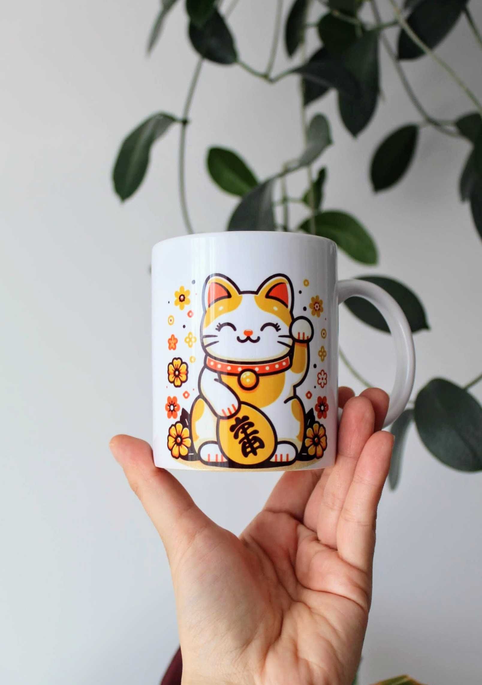 Kubek Japoński kot Maneki neko żółty, Japonia, 330ml