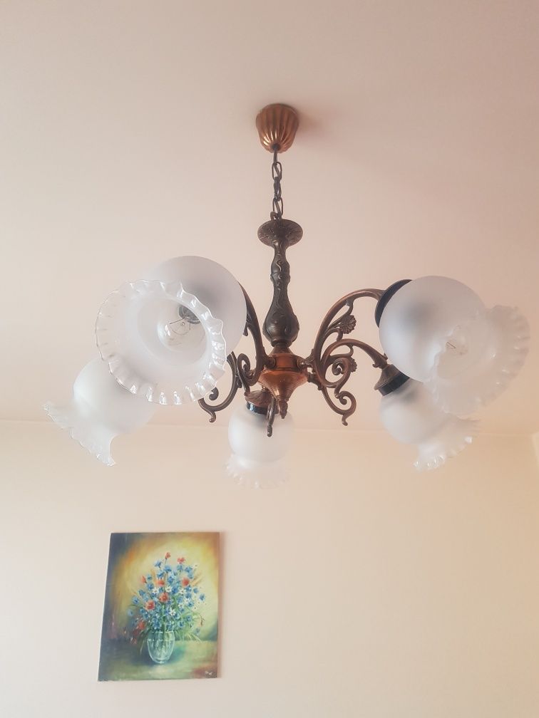 Żyrandol miedziany duży lampa metal różowy miedziany brązowy klosz szk