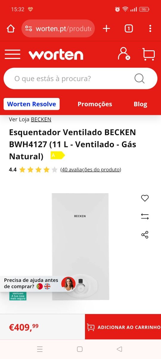 Vendo esquentador becken  com uma semana de uso  comprado na Worten