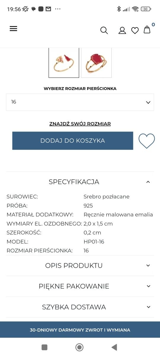 Pierścionek srebrny pozłacany HEINZ x SADVA Pizza Lover