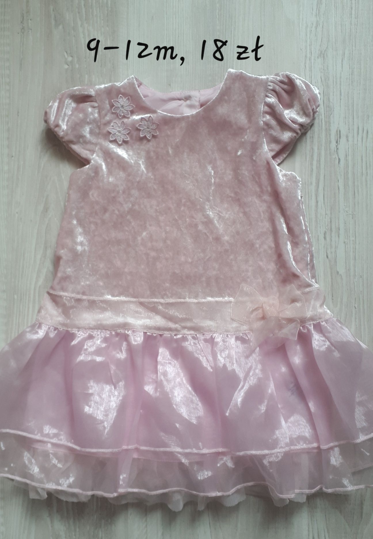 Śliczna welurowa sukienka tiul tutu 9-12 80 cm różowa pudrowy róż