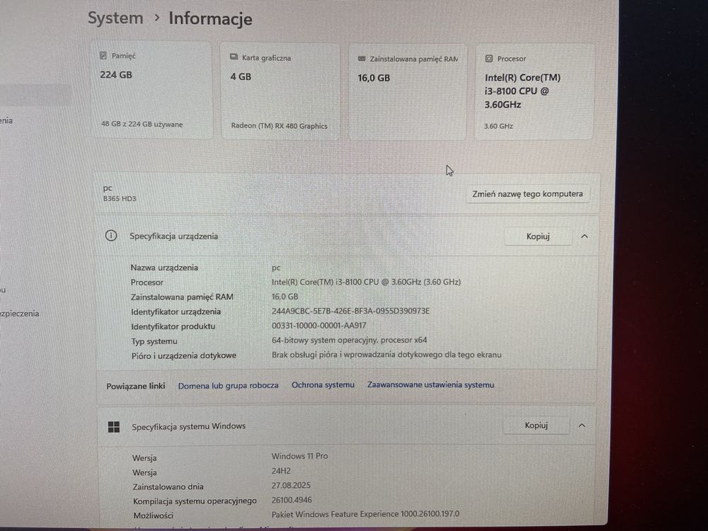 Komputer i3 8100 RX 480 4GB 16GB RAM SSD 240GB Windows 11 Pro