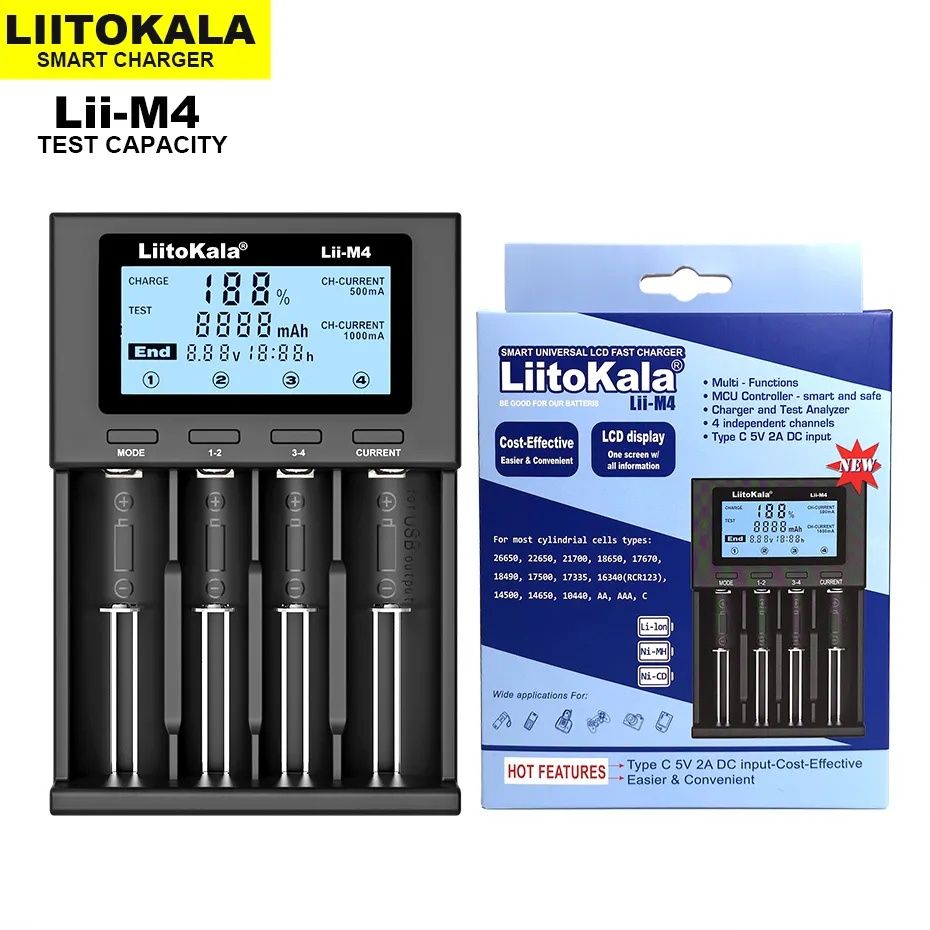 Carregador de pilhas/baterias LiitoKala Lii-M4 Display 4 slots NOVO