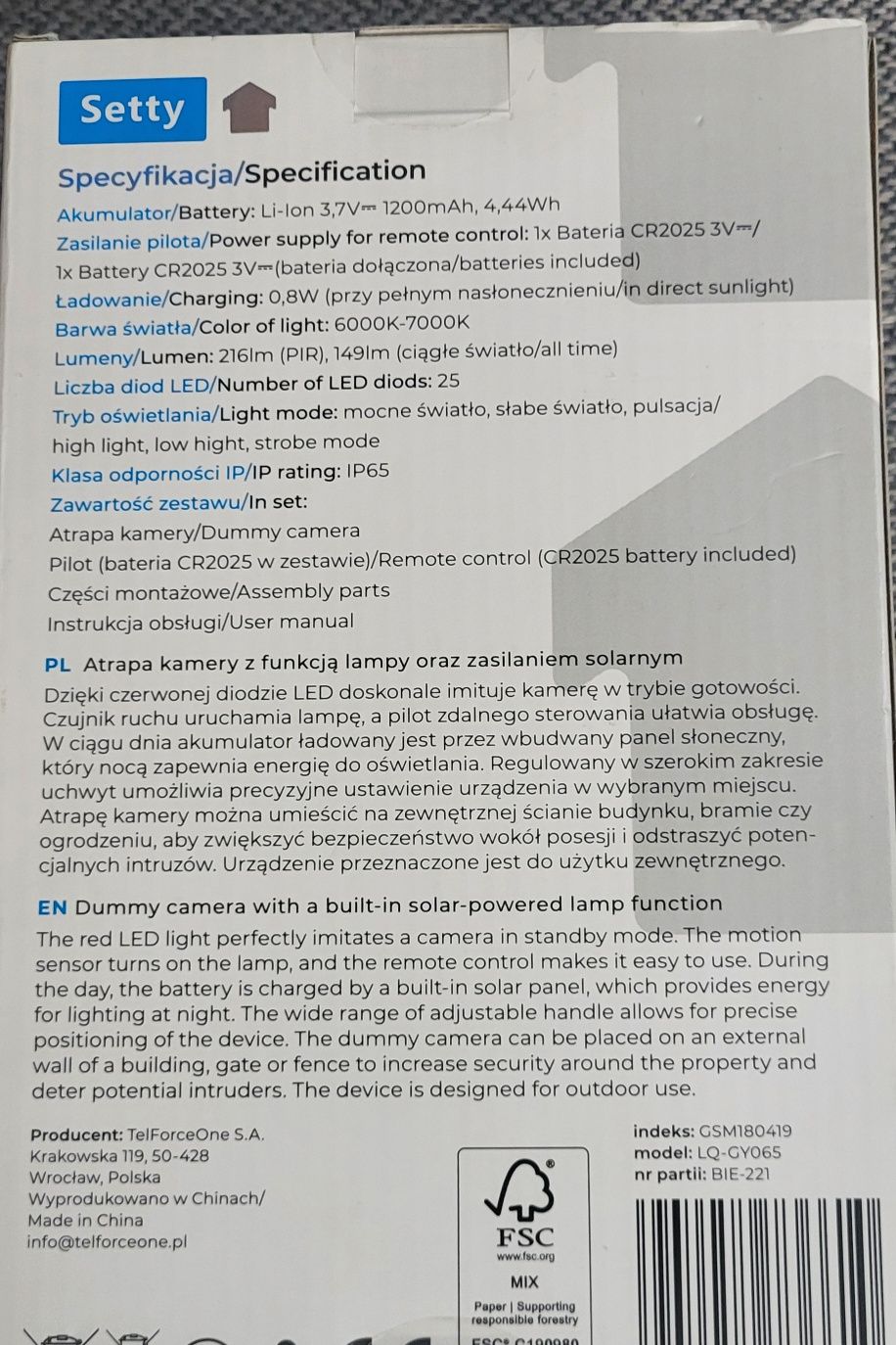 Atrapa kamery Setty Panel solarny Czujnik ruchu Pilot