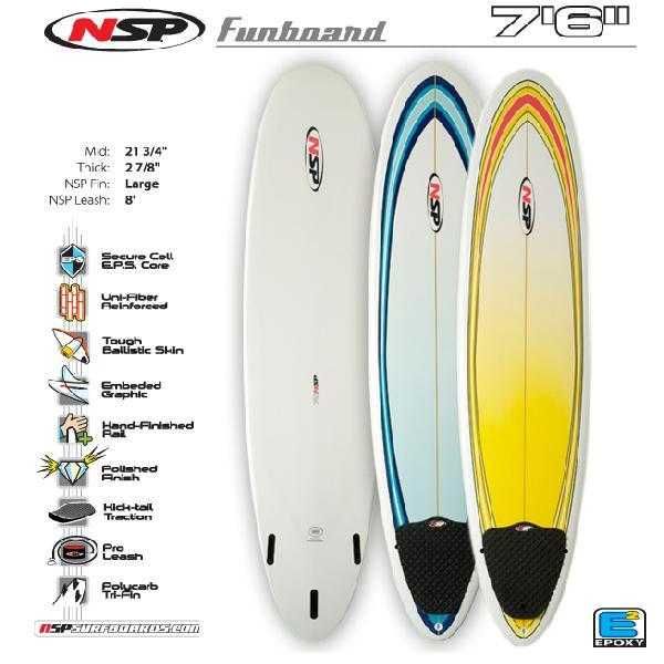 NSP Epoxy 7.2 Evolution 9 Malibu 8 Funboard prancha de surf FCS Torq