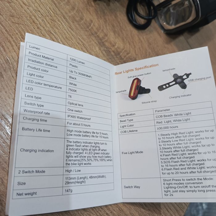 Komplet oświetlenia do roweru przód i tył z mocowaniami ładowane