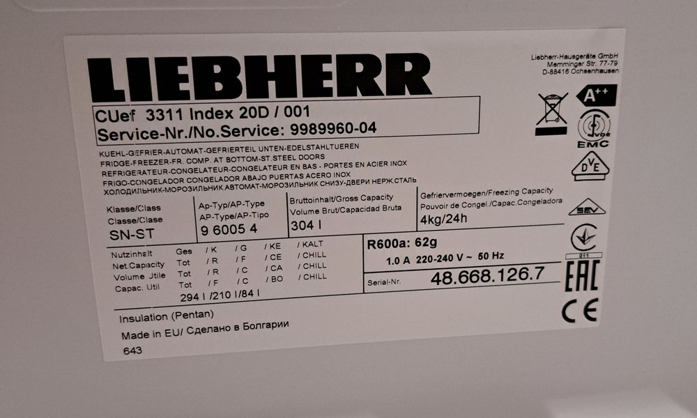 Lodówka Liebherr CUEF 3311 wymiary 180x55x63