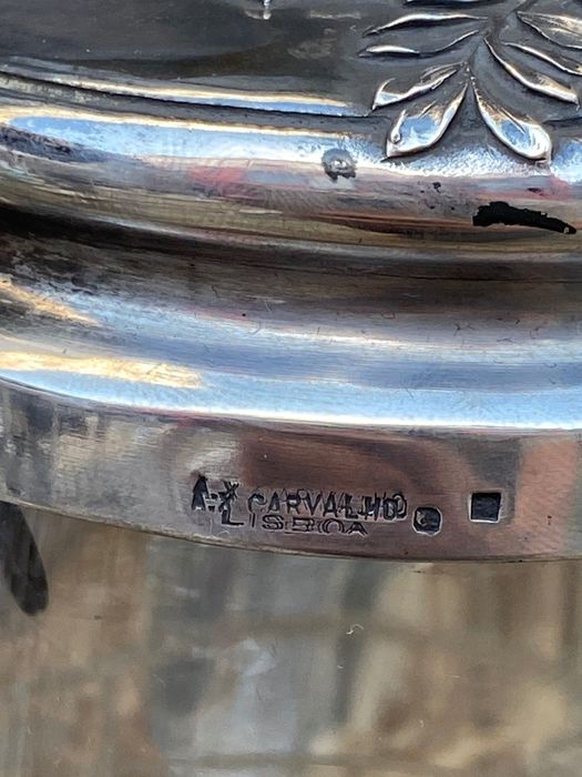 Jarro vidro Séc XIX Tampa prata Portuguesa Javali 31 cm