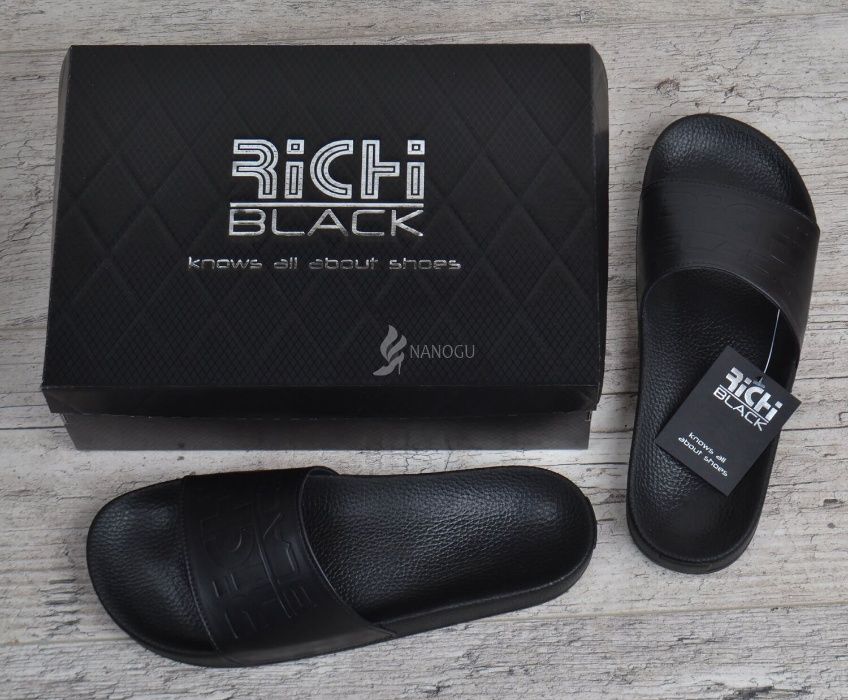 Мужские кожаные шлепанцы Richi Black Ричи Блек черные шлепки 40-45р