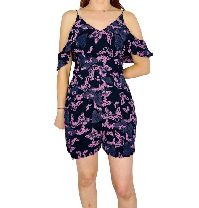 Granatowy letni kombinezon hiszpanka w fioletowe kwiaty S 36