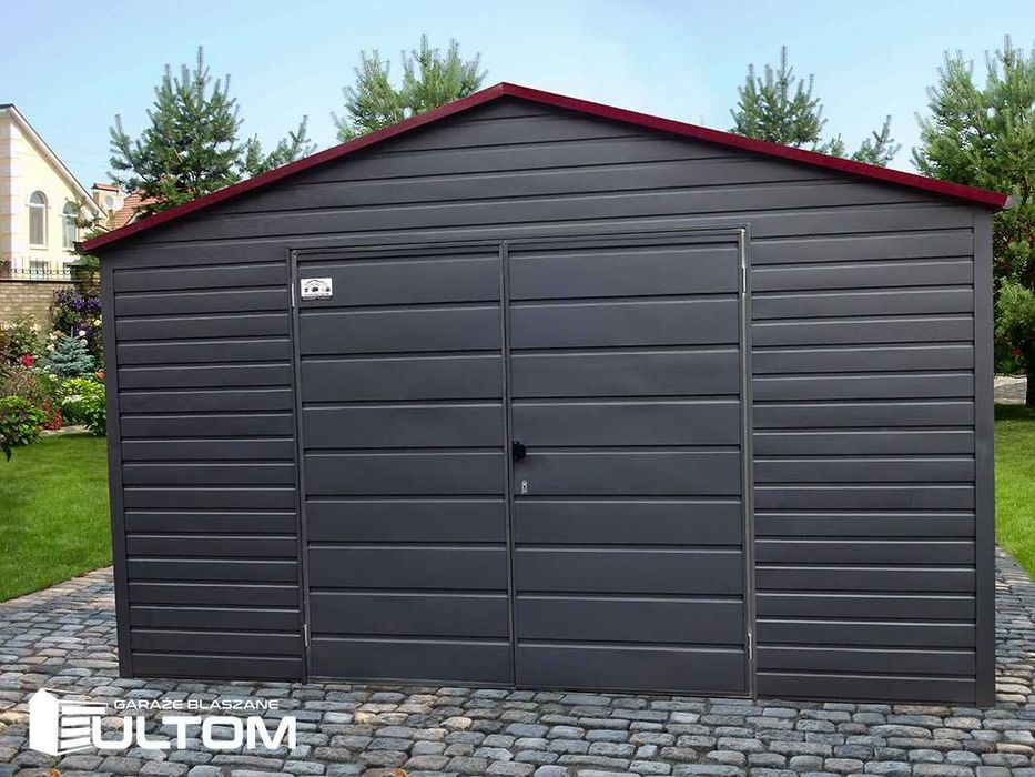 Garaż 5x7m dwuspadowy grafit drewnopodobny podbitka premium