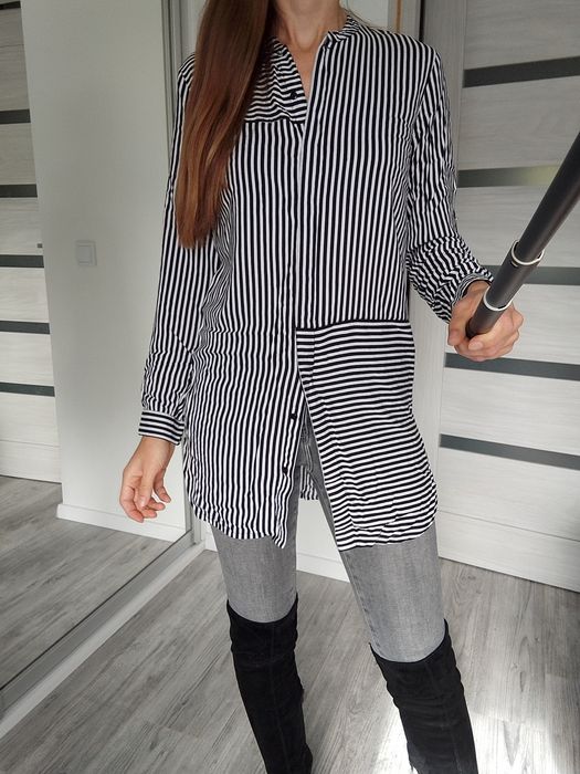 Koszula tunika długa w paski wiskoza bez kołnierza