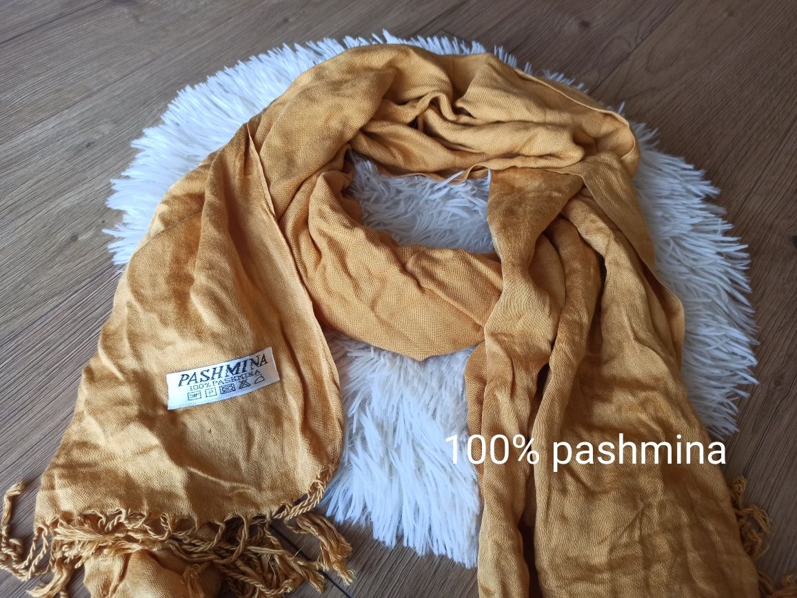 Złoty długi szalik szal chusta 100% pashmina kaszmir wiosenny