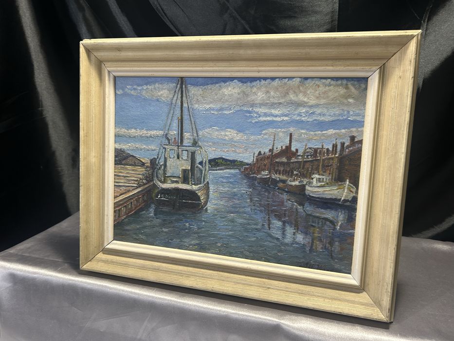 Obraz – Łódź w porcie – olej na desce