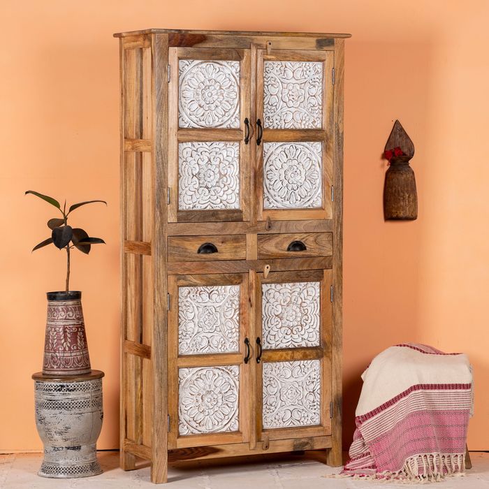 Szafa drewno mango bielona jasna szuflady szafka boho wiejski mandala