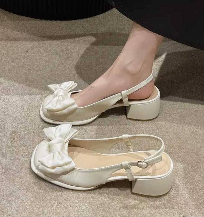 Sapatos femininos slingback creme com laços, tamanho 38