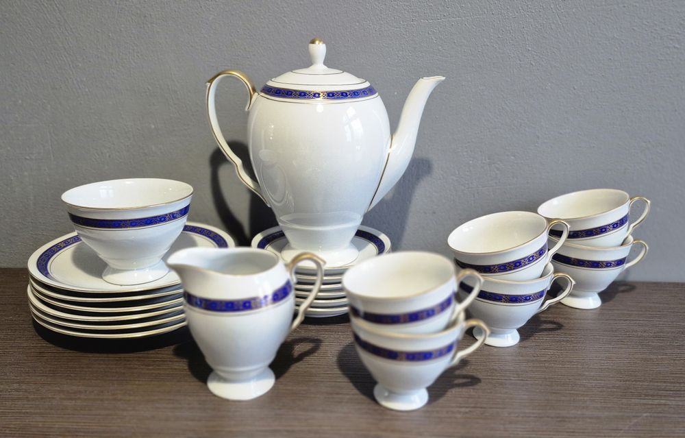 Piękna Polska porcelana WAWEL Serwis kawowy na 6 osób kobalt