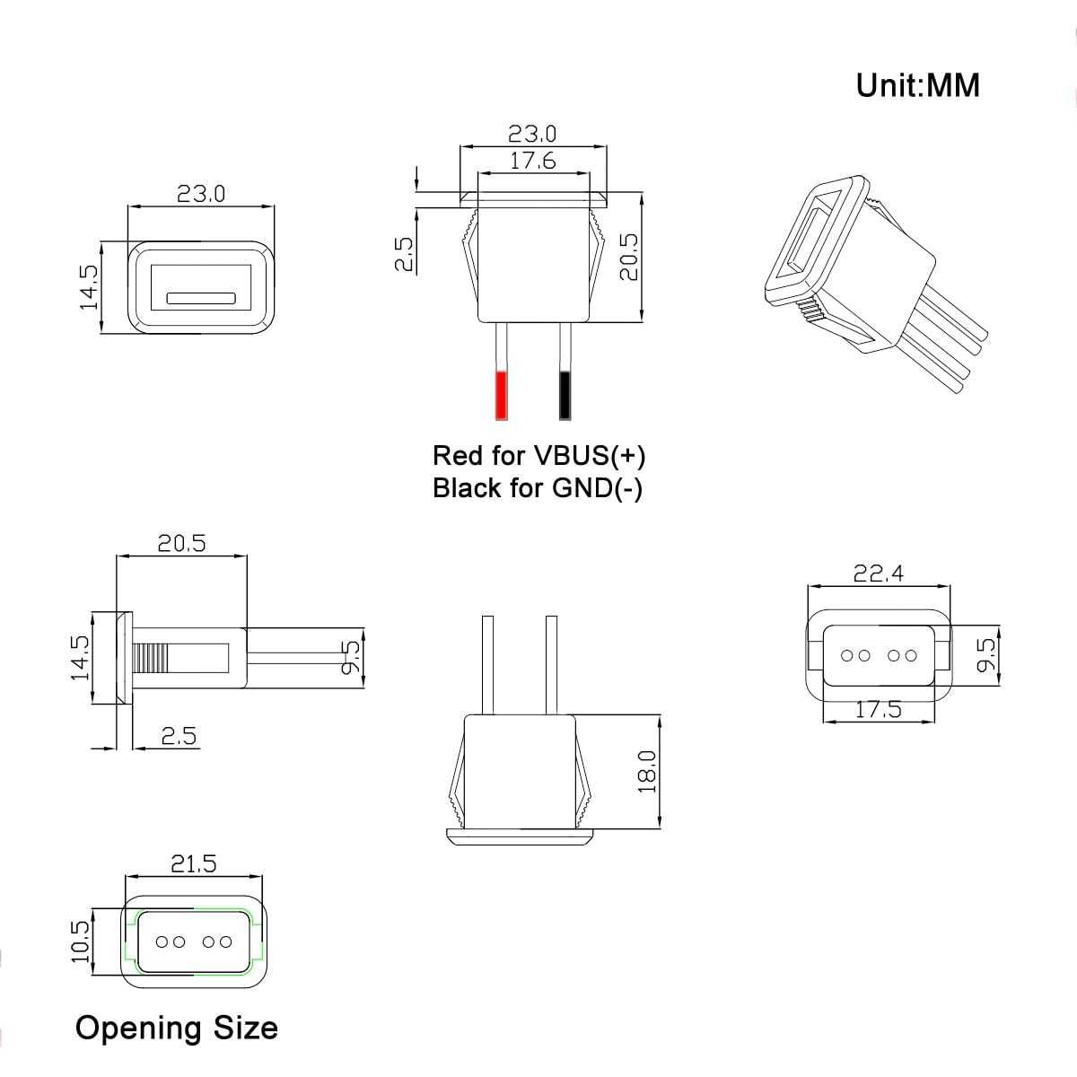 Conector USB 3A Fêmea de 2 fios 10cm com fivela de ranhura de pressão